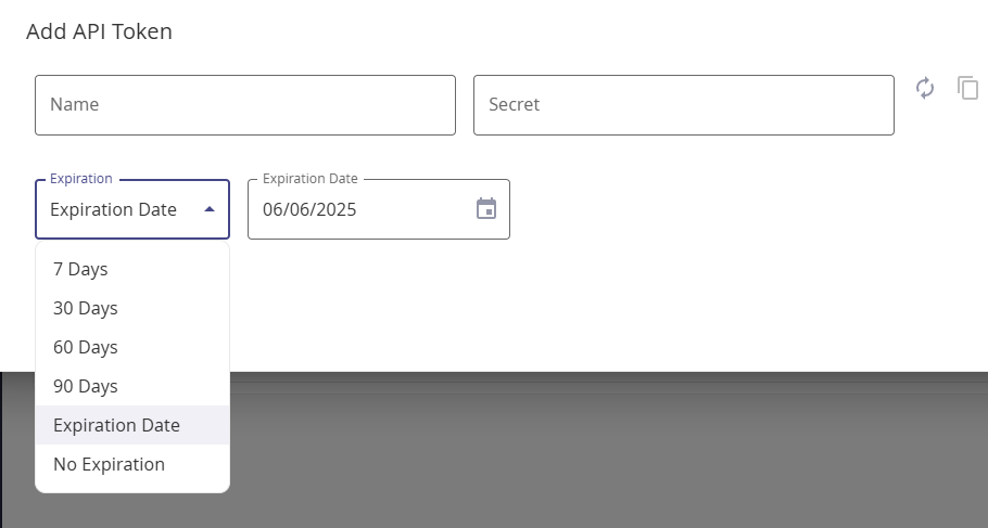 Modal zum Hinzufügen eines API-Tokens