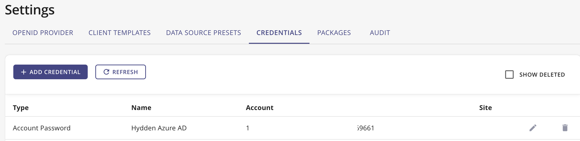 The Credentials page in Hydden