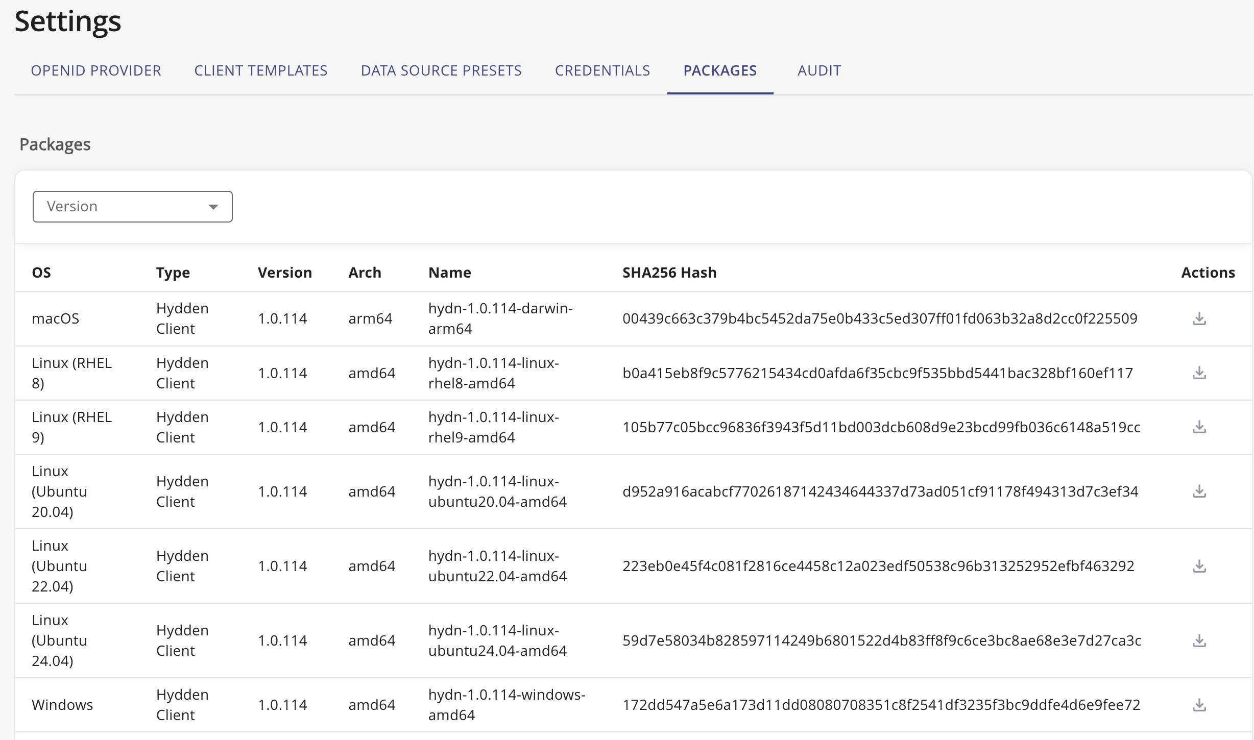 Paketliste mit erweiterten Versionsfiltern