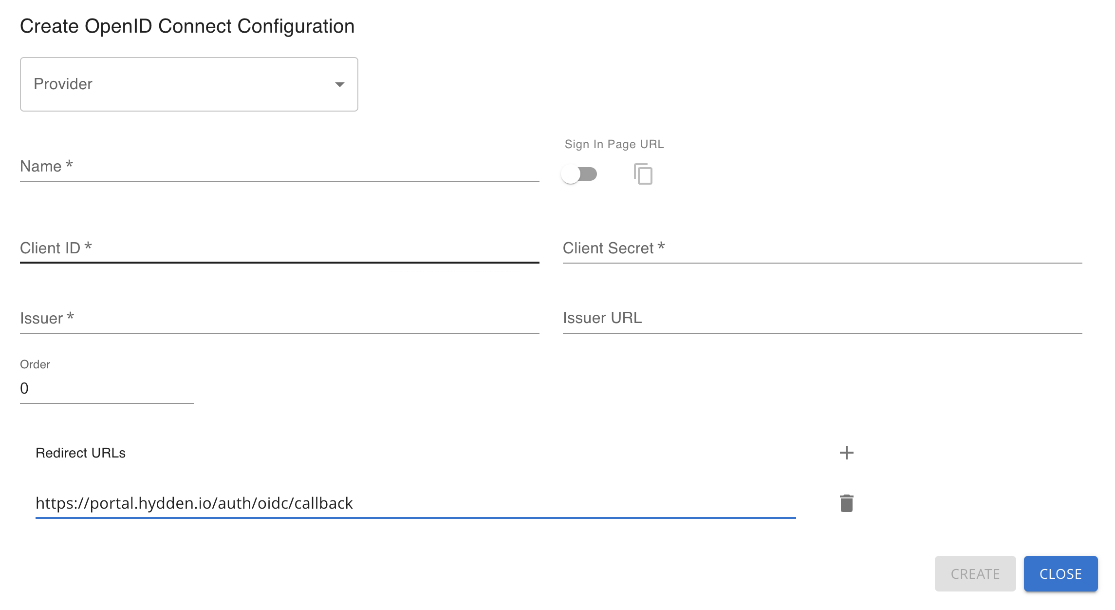 Authentifizierungsanbieter erstellen Modal