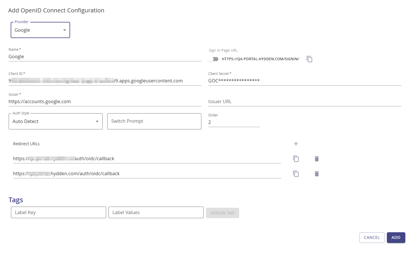 Add OpenID Connect Configuration Google example