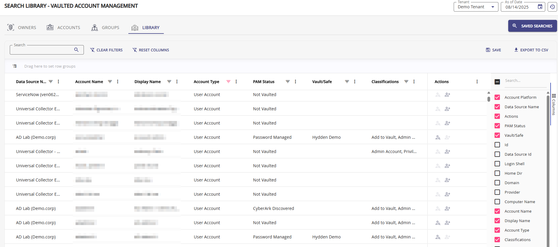 Vault-Kontoverwaltungsabfrage mit den Spalten Entdeckt und Im Vault