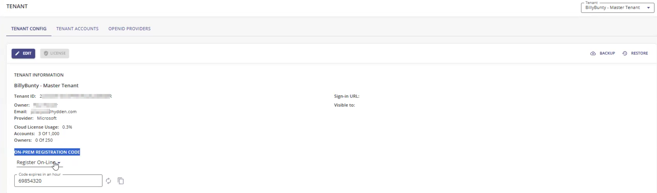 Tenant-Informationen vor Registrierung Beispiel